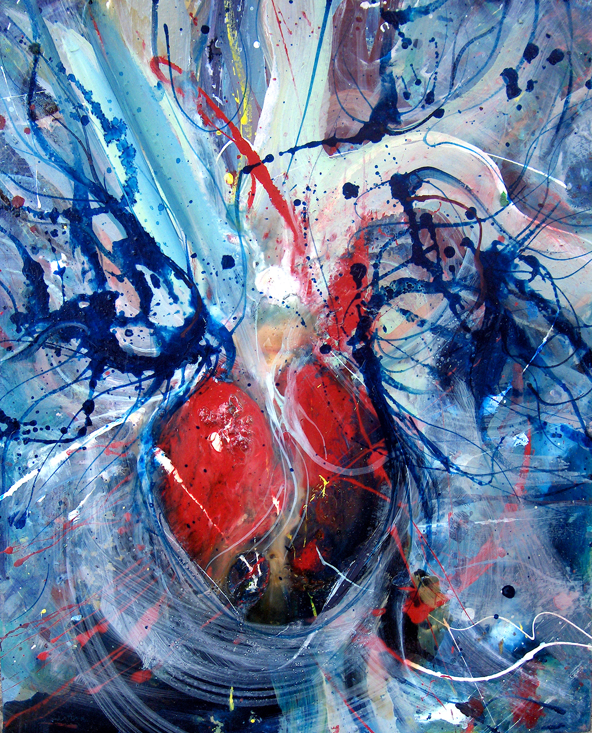 oil in canvas informel expresionizm red heart blue