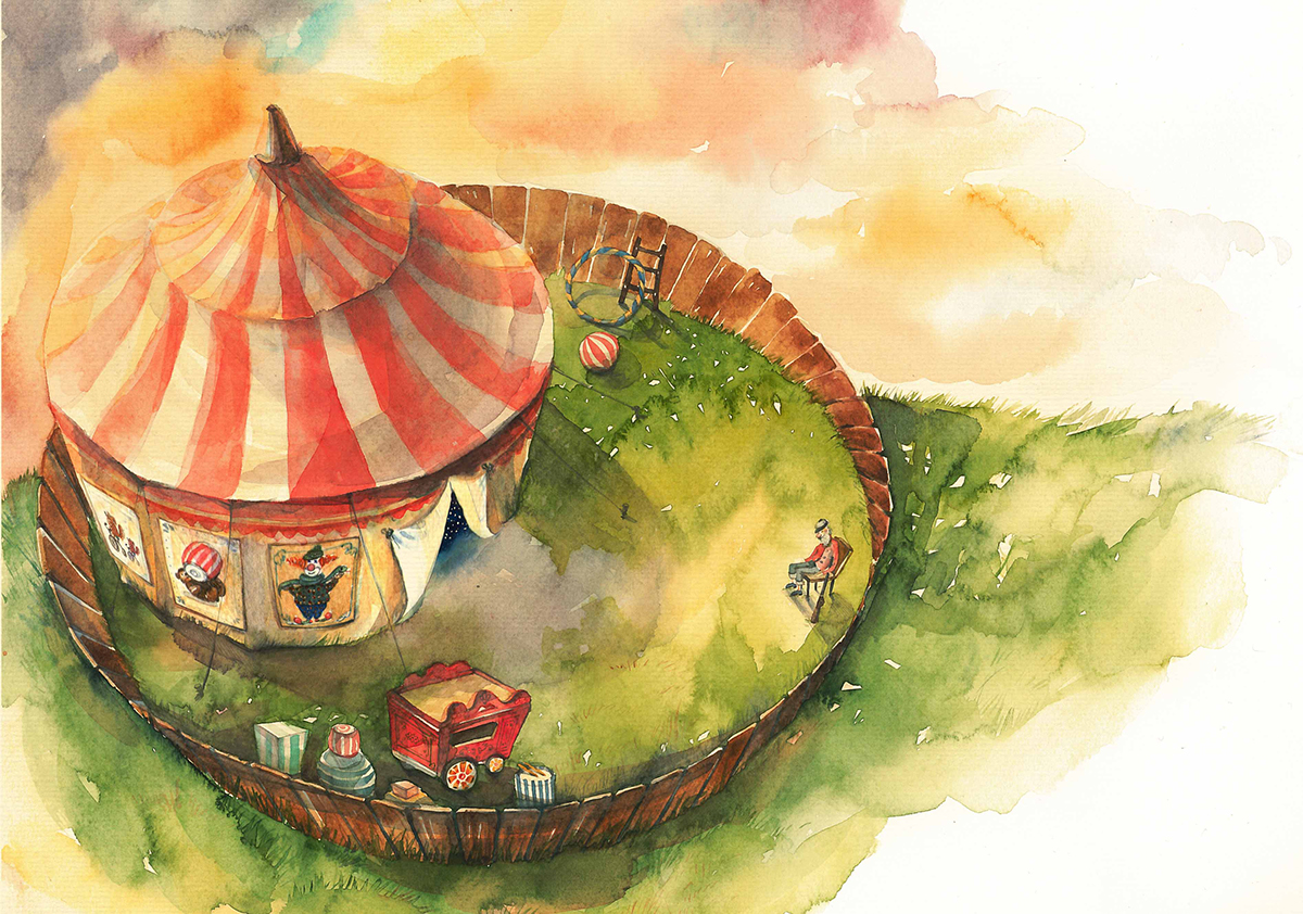 circus tent sunset hoop ball Barrel Roof clouds grass watercolor Circus ILLUSTRATION 