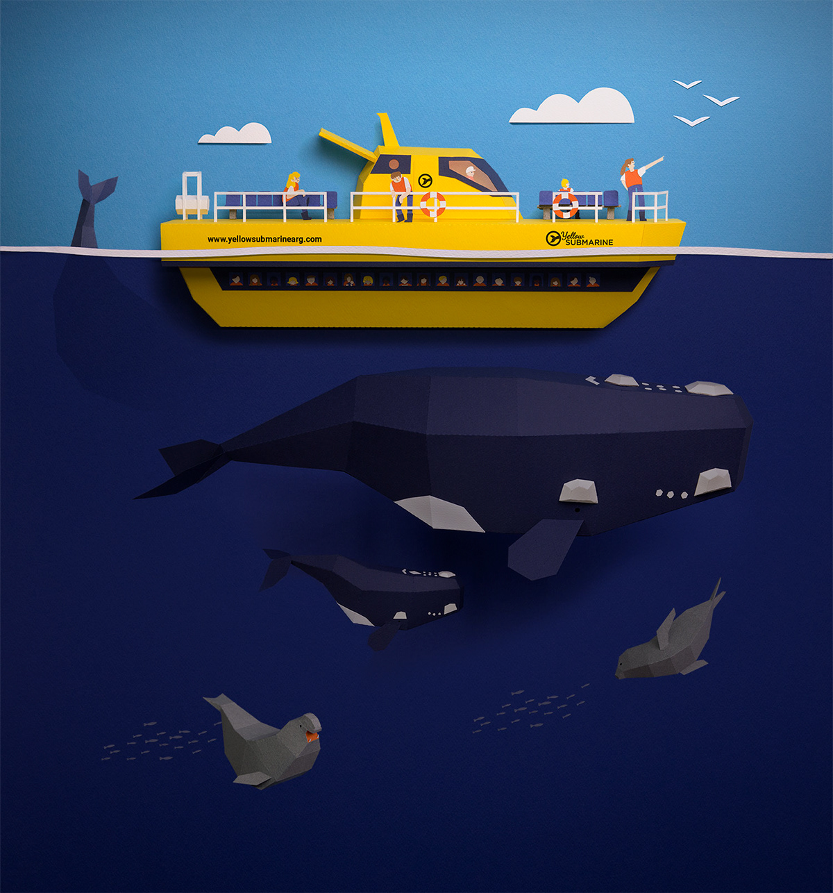 papercraft Paper Illustration southern right whale guardabosques Yellow Submarine papercut Web Design  Website