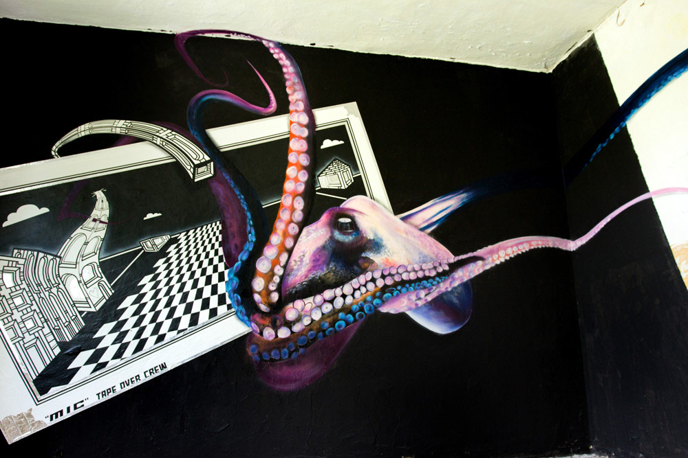 Tapeart tape art tape over Graffiti urban art streetart mixed media tape artist octopus photo-realistic