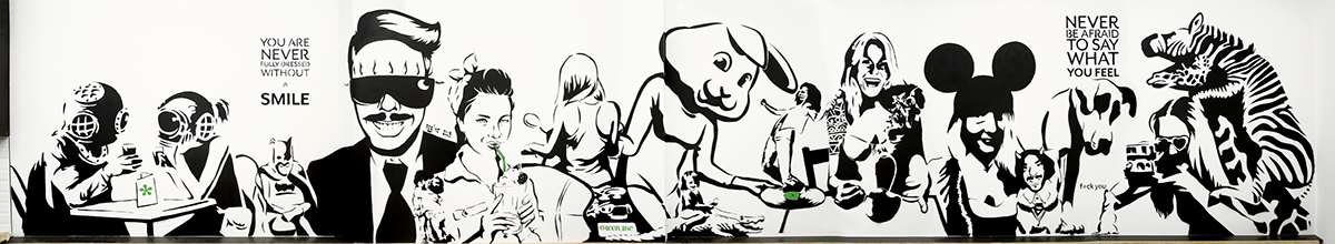 green inc milan cafe restaurant wall stencil banksy characters smile black & white b&w Interior green foglino