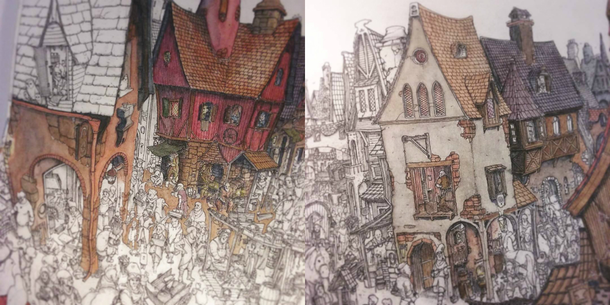 city fantasy whimsical detail buildings blacksmiths forges comission Watercolours old