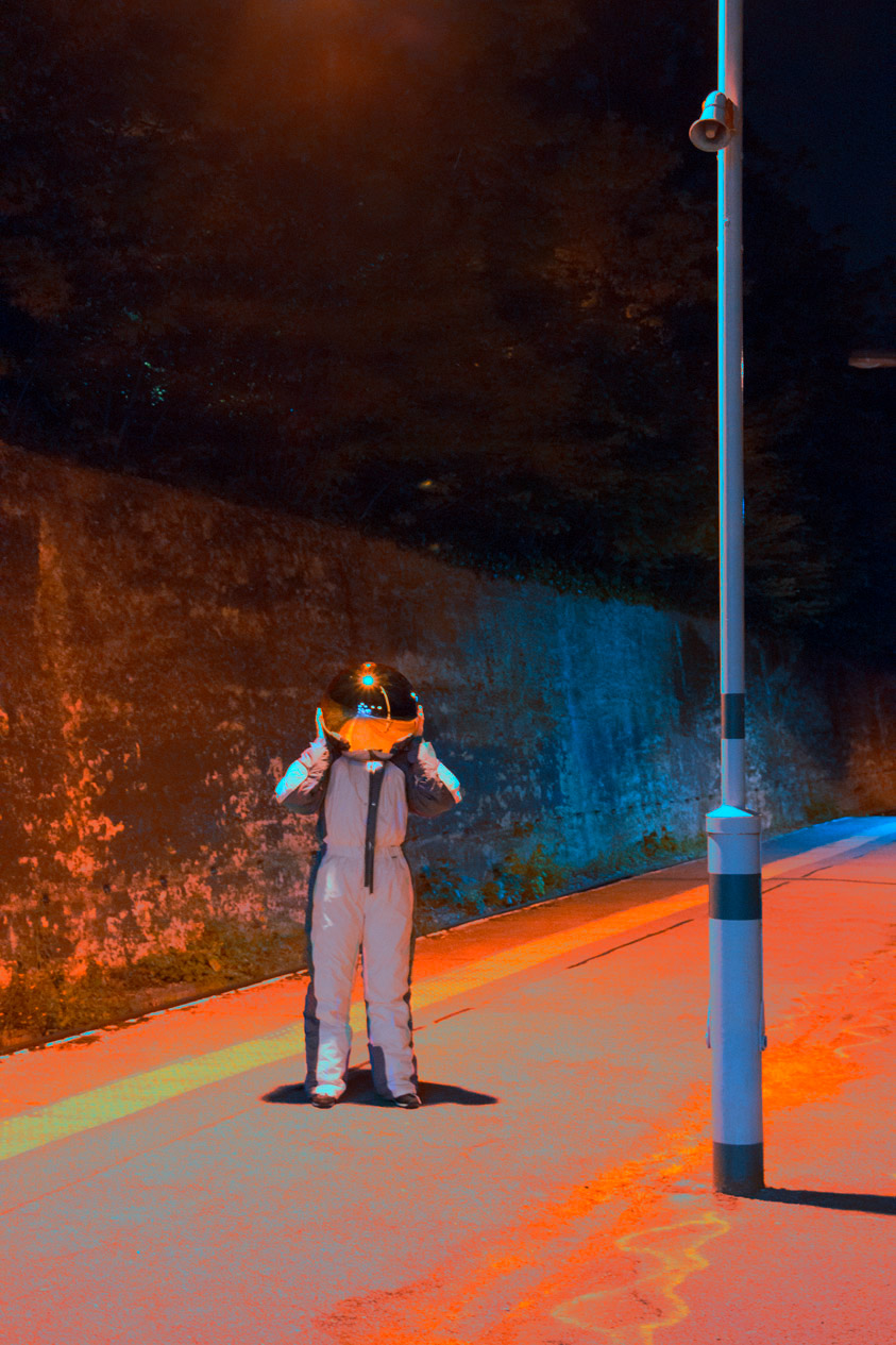 spaceman spacesuit astronaut off duty costume art directing screen test London city night London at night london film london photography street photography Space 
