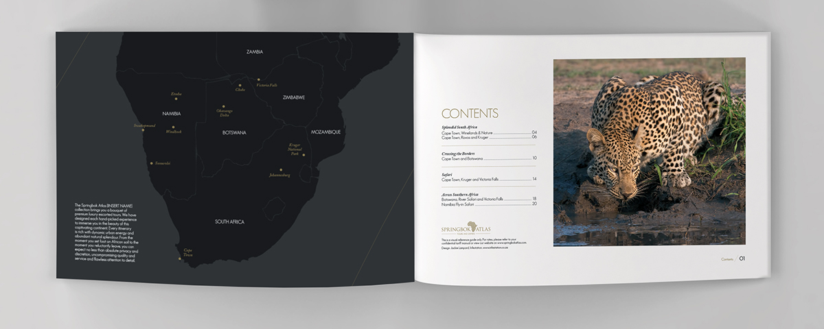 tour guide brochure luxury gold foil UV Varnish africa wildlfe kruger park cape town Zimbabwe