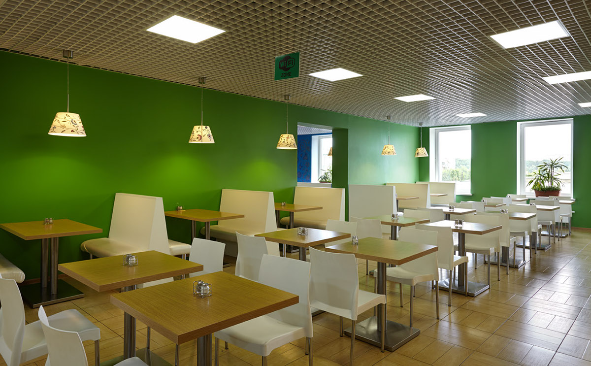 Office cafe bar restaurants Moscow bakery Interior Wallpapers chairs design colorful parquet