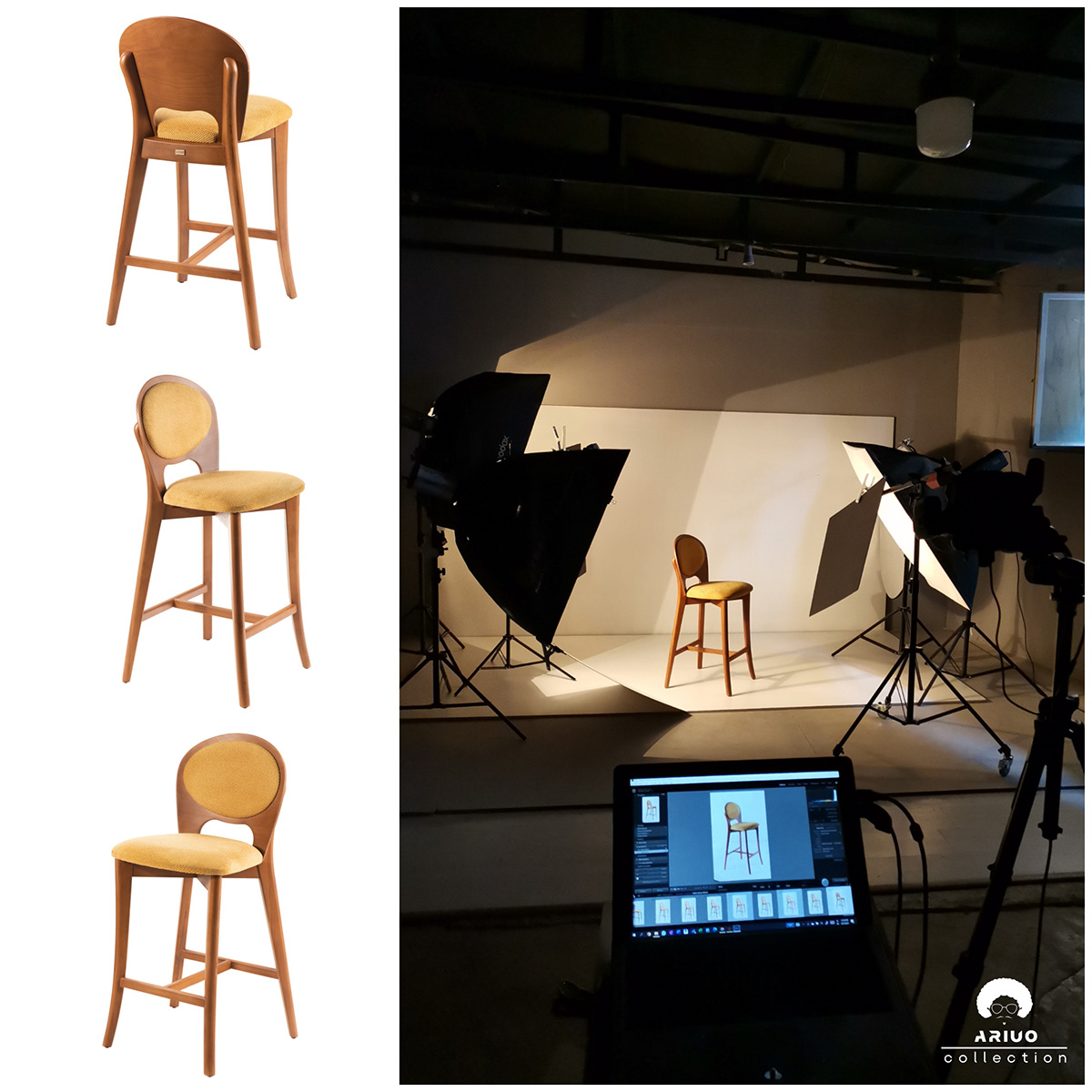 back stage of photography project from chair  with professional lighting in Studio  