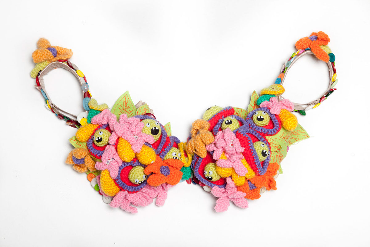 crochet monsters bra Flowers fine art soft sculpture leaves colorful fibers fiber arts yarn googly eyes