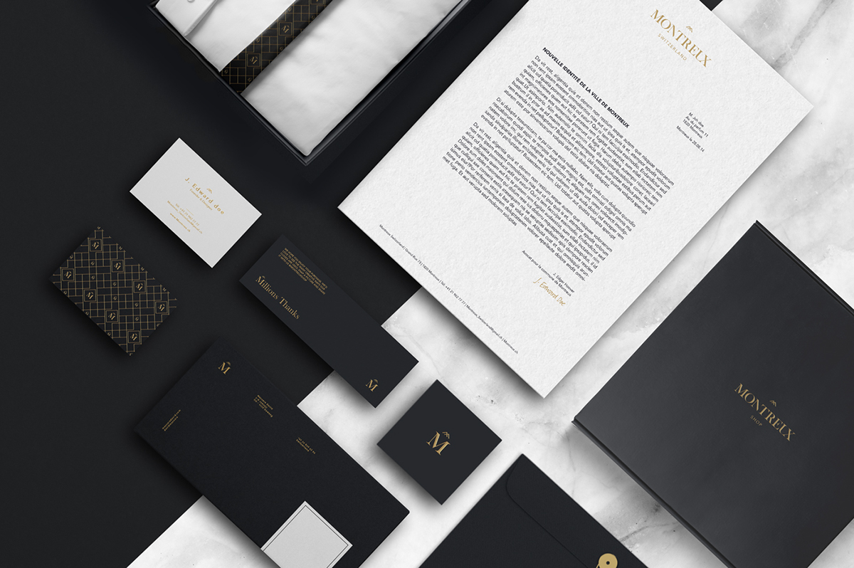 montreux city brand luxe identity logo gold black pattern stationary territorial design graphic font Mockup