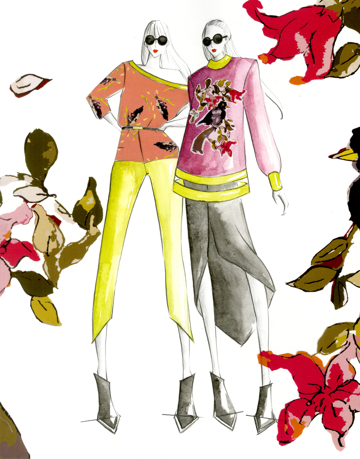 s/s collection print flower bird fashion illustration fashion sketch textile design process