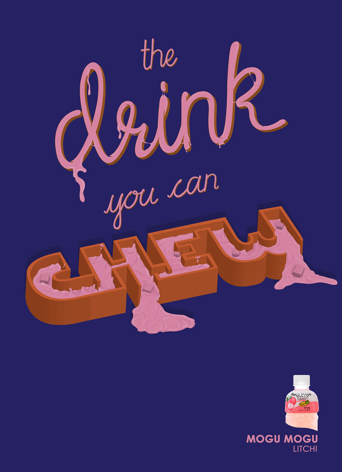 Fun colorful yummy juicy chew drink drops dripping 3D type bites mogu mogu yummy typography
