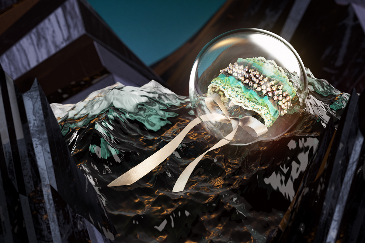 Necklace bracelet pearl turquoise water retouch 3D cinema 4d corona render  photoshop materials stone