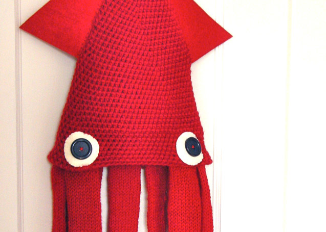 Squid hat red craft costume interview handmade Halloween felt knit yarn portrait art
