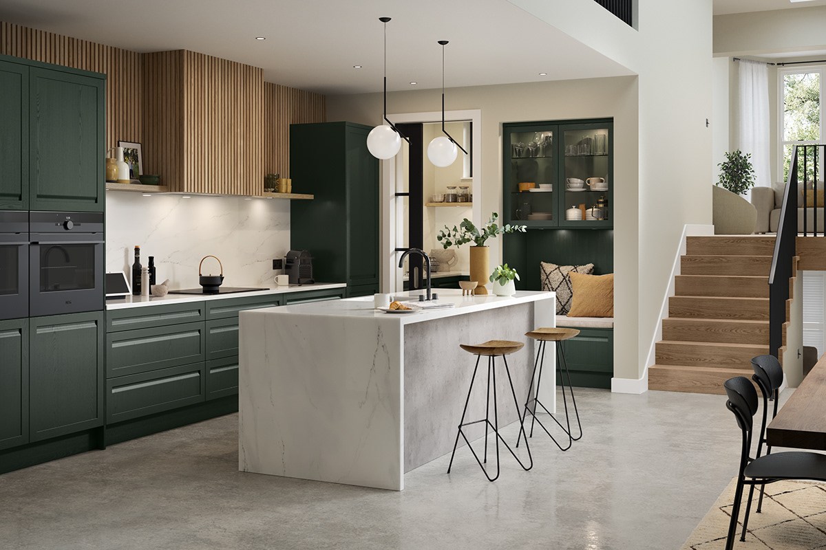 3D open plan kitchen scene with green cabinetry and oak stripwood feature wall