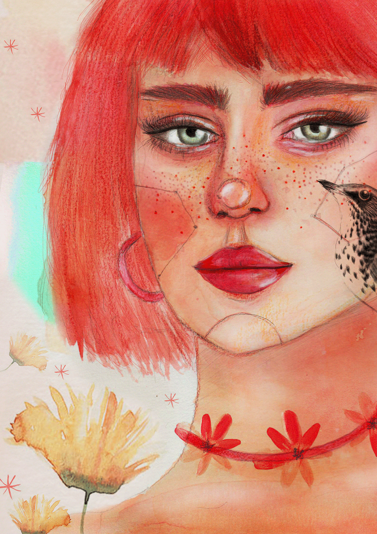 acuarela aesthetic collage domestika flower ILLUSTRATION  Ilustración en acuarela pintura retrato watercolor