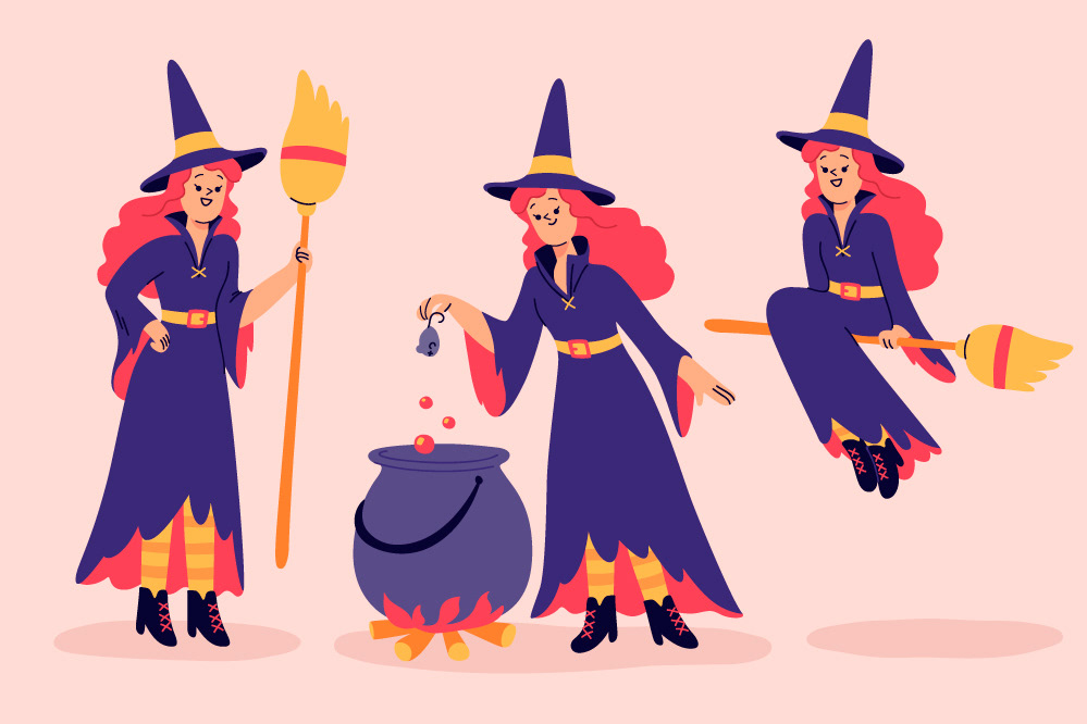 Illustrated witch character flying on broom and making potions