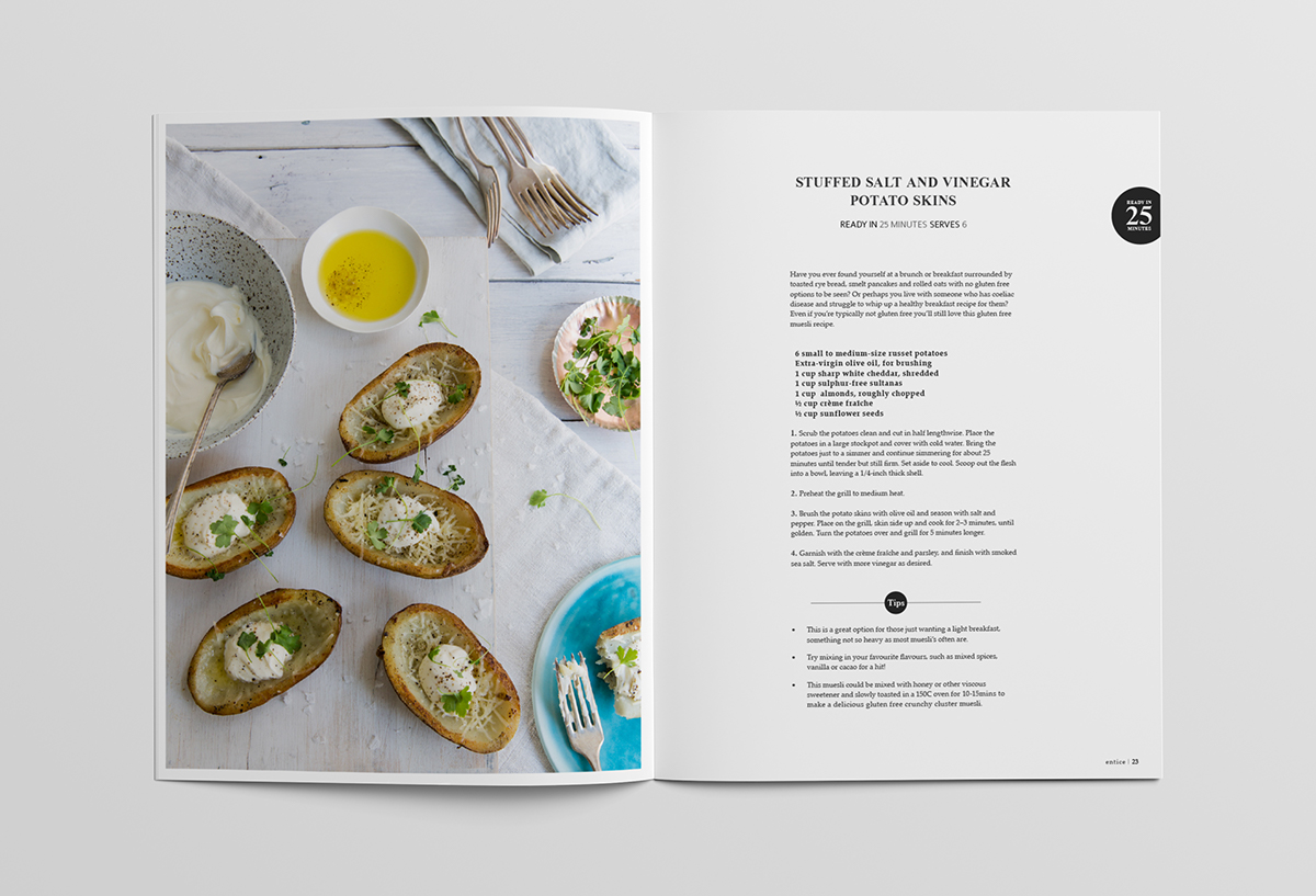 magazine recipe recipes Food  clean minimal entice editorial cover grid Layout type book