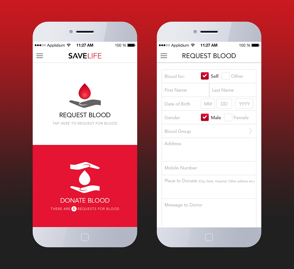 Mobile app blood donation blood creative bright color wireframes