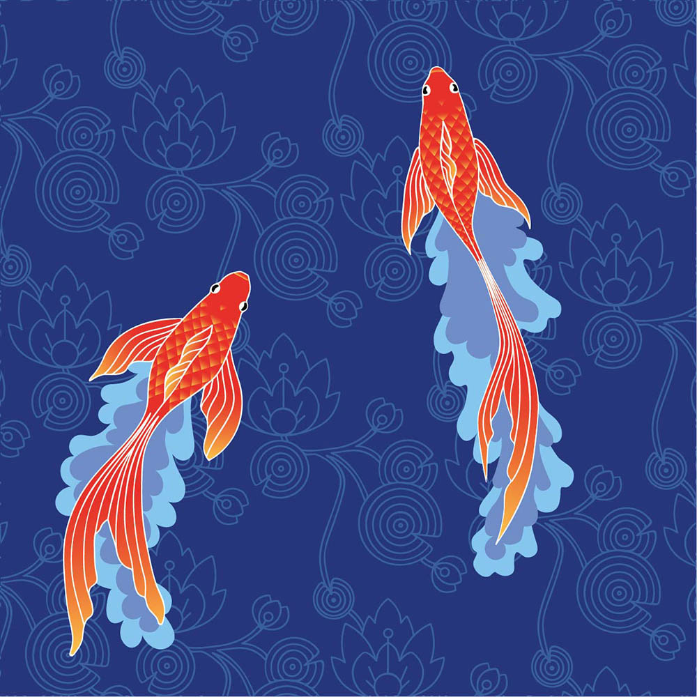 water waterlily goldfish fish japan asia pond pattern blue vector