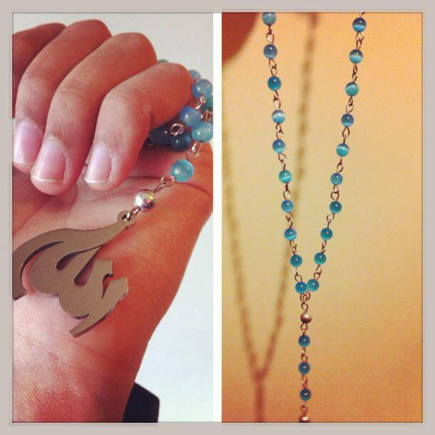 Necklace bracelet allah islam muslim art Jewellery catseye beads rosary blue aquablue silver cute islamic