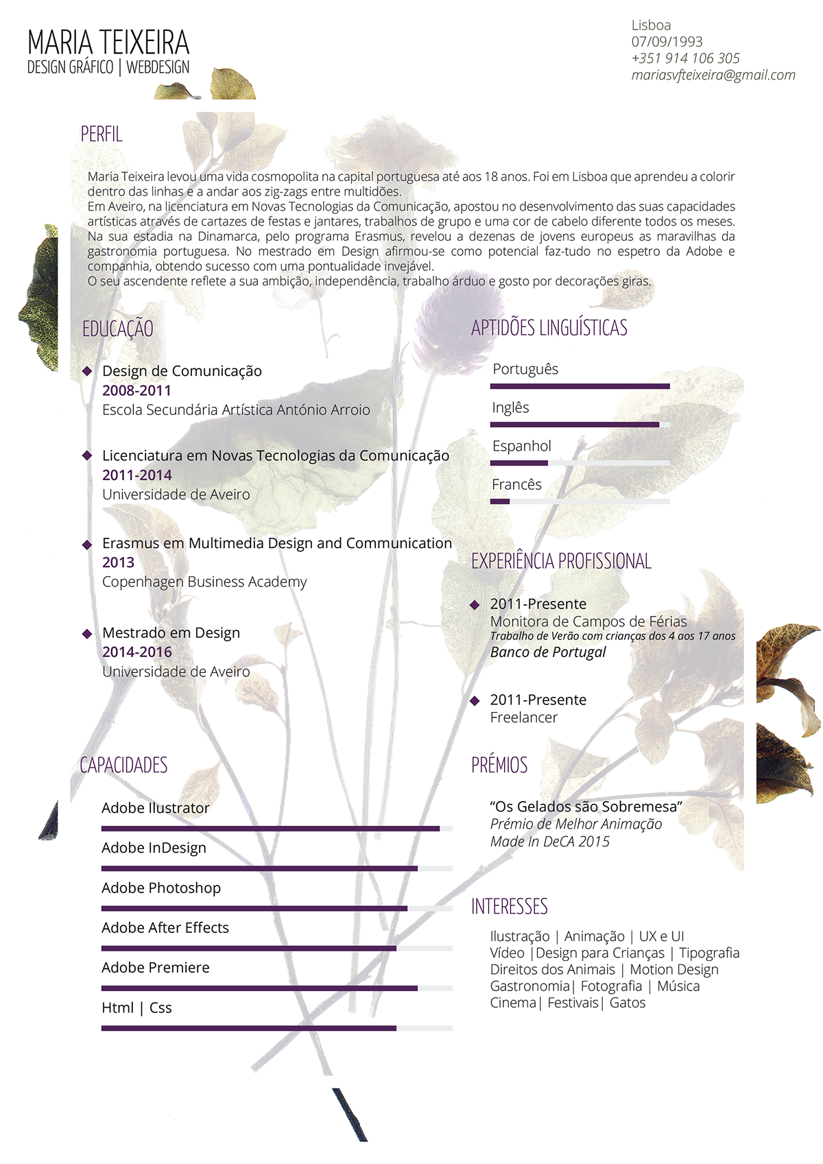 CV design grafico Illustrator photoshop Curriculum Vitae graphic flower minimal