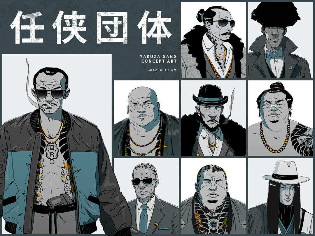 yakuza gang characterdesign suit assasin sumo boss afro