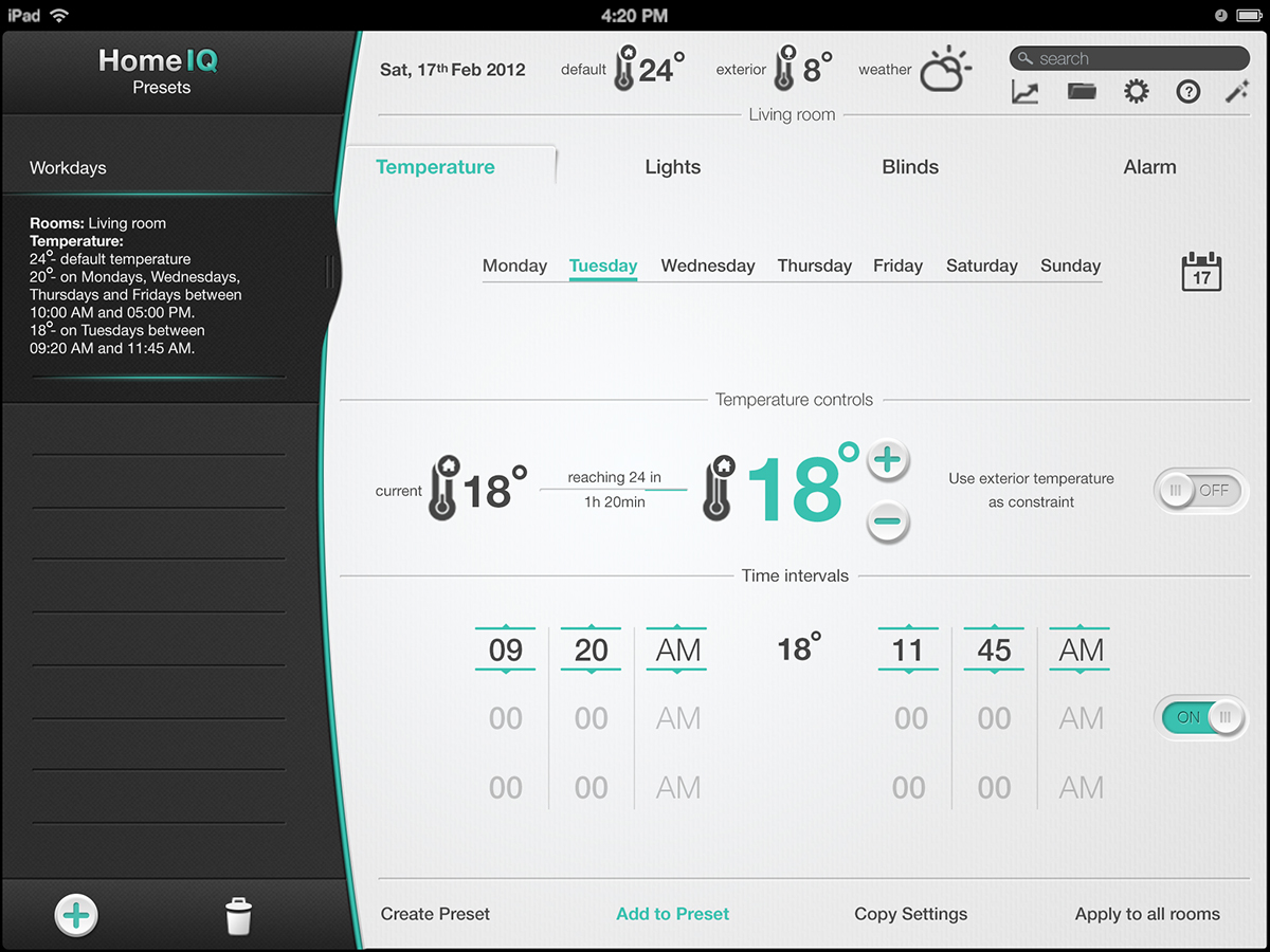 interaction Home Automation Smart Home calin giubega chalmers app GUI Interface Sensors temperature control interface design smart home design light control blinds