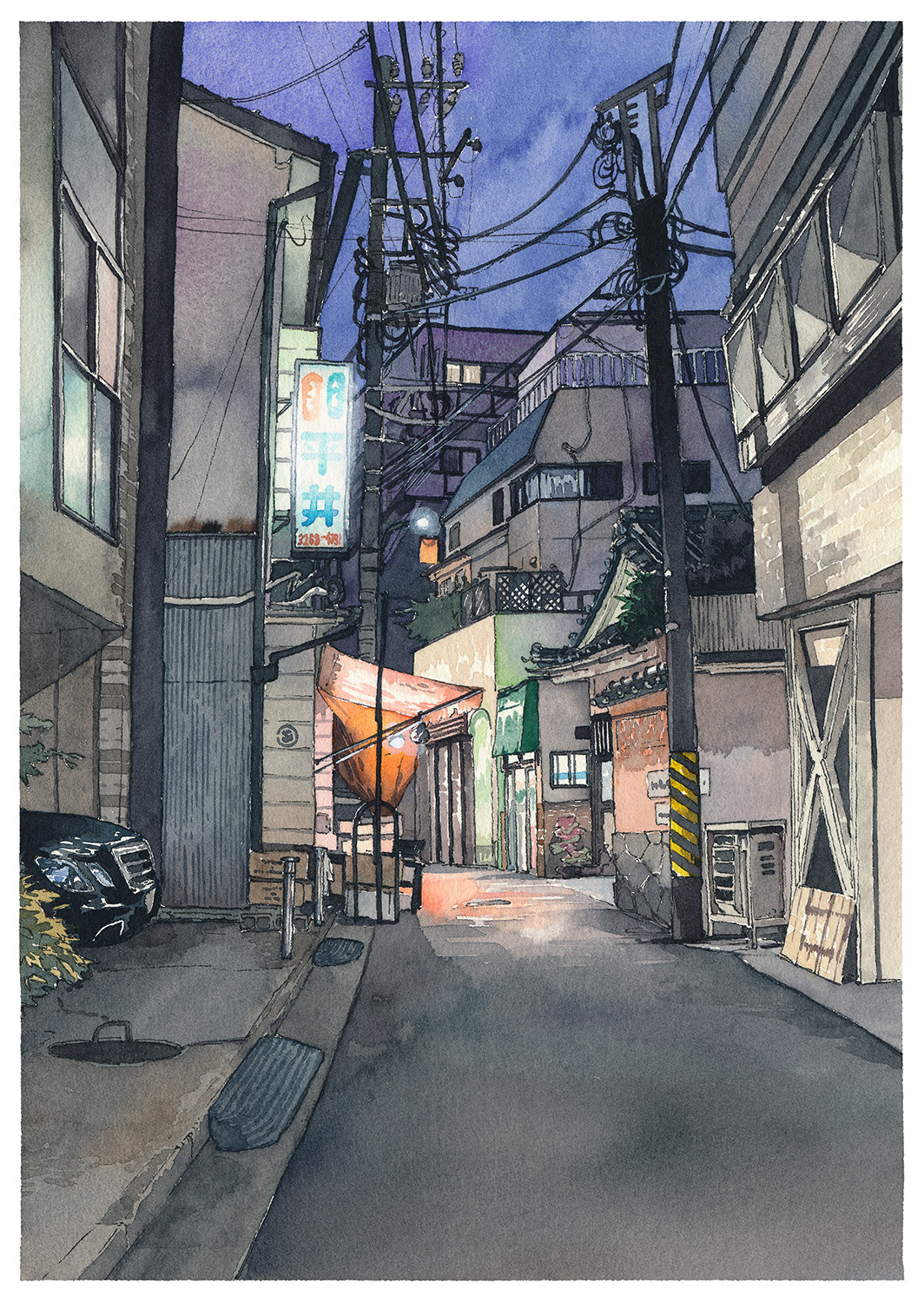 watercolor apinting tokyo japan japanese Street night