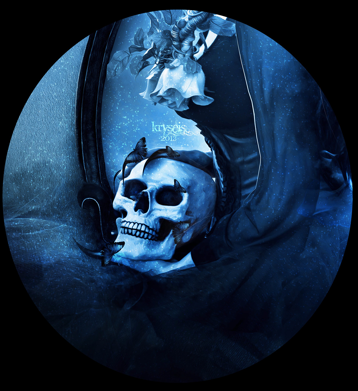 photomanipulation digital ILLUSTRATION  art Work  blue dark gothic death Melancholy calavera skull butterfly mind lost