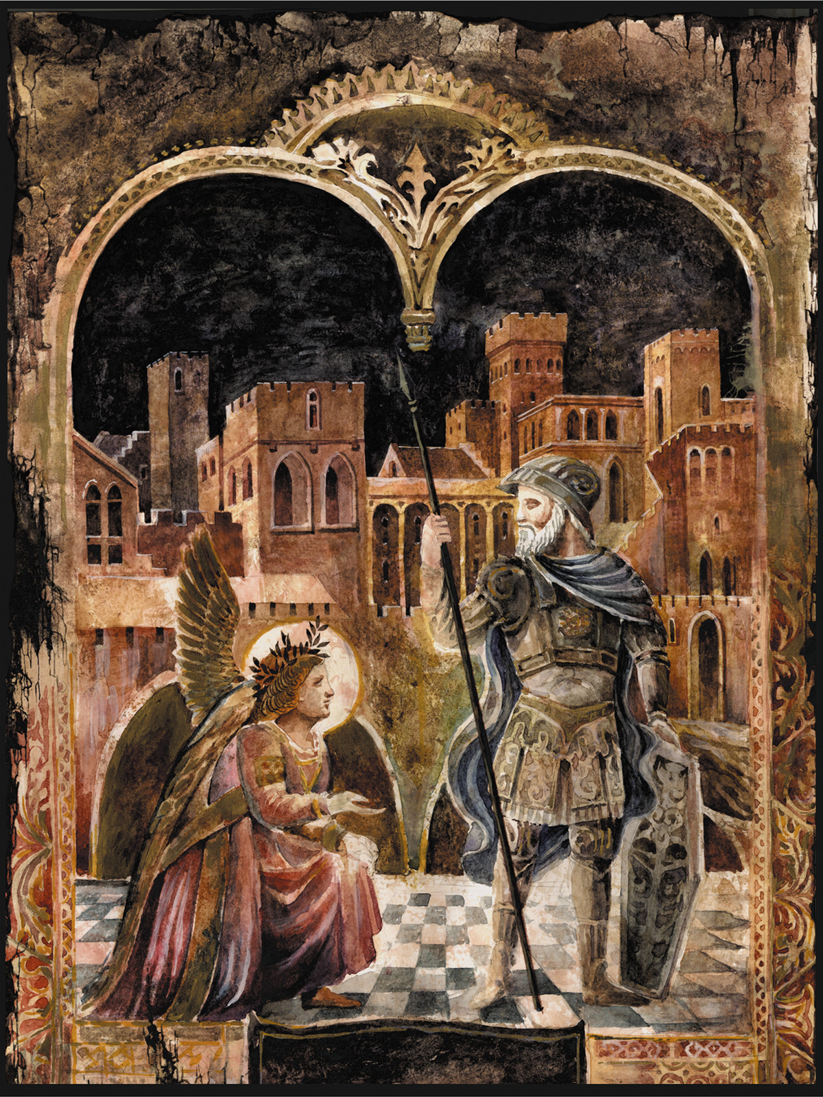 Acrylic paint art artwork color fine art knight and angel poster Retro vintage watercolor