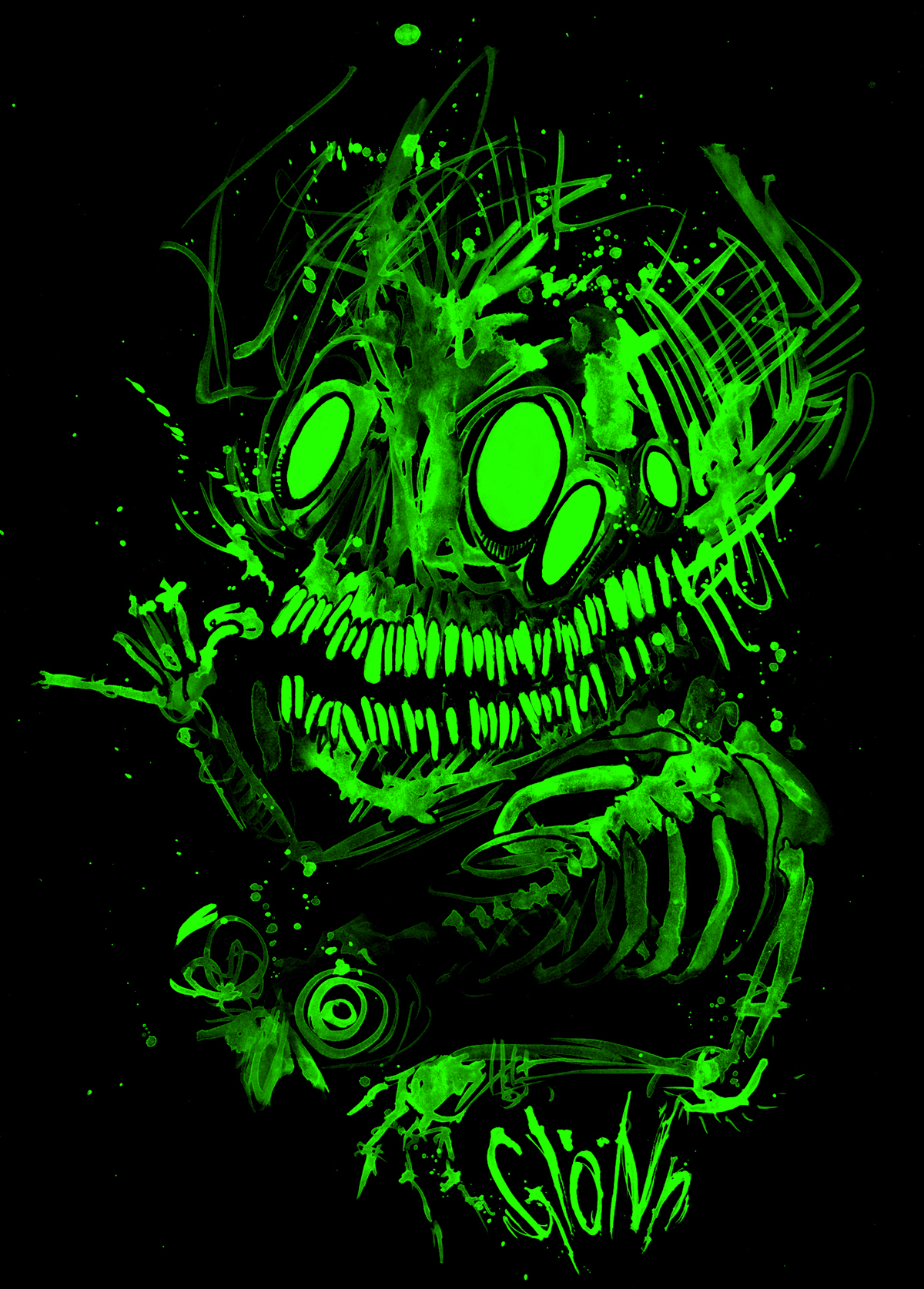 watercolor owl monster FISHBONE fish heart brain sticker aufkleber neon blacklight lowbrow glow ink creepy