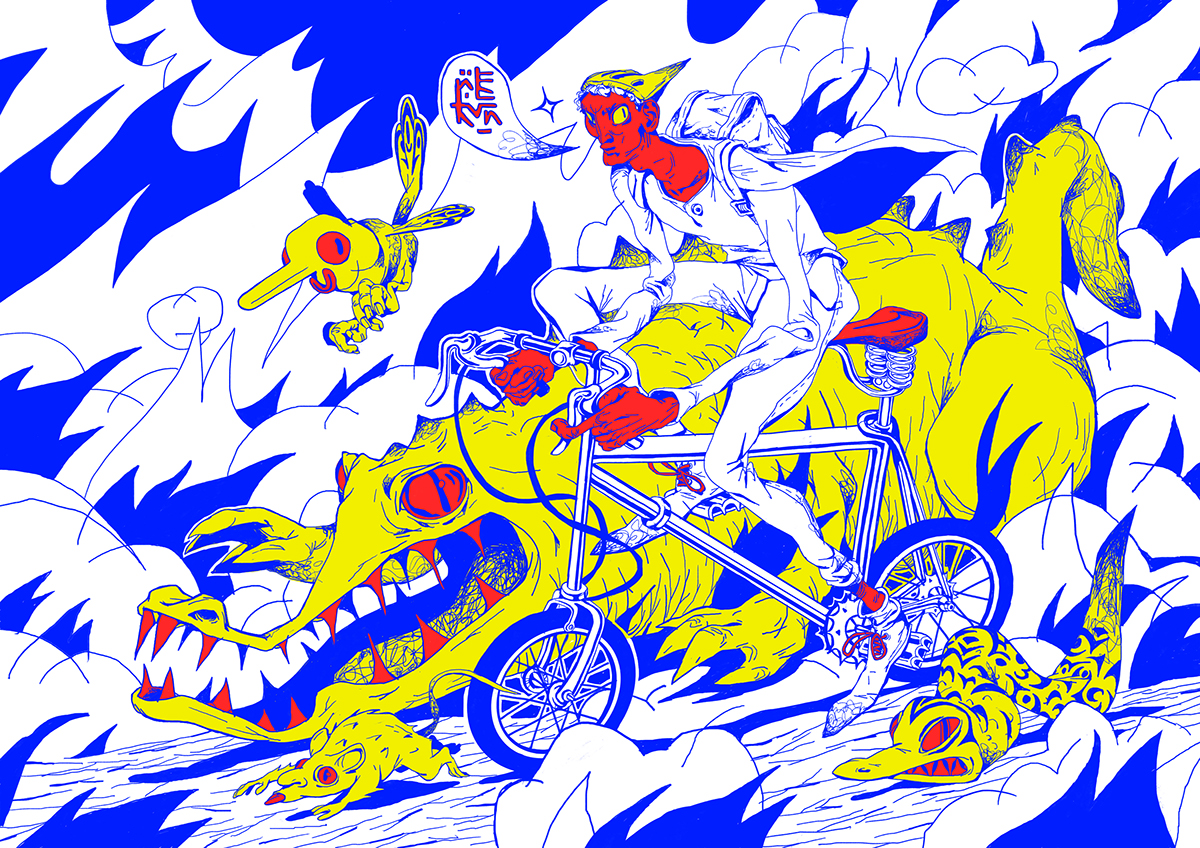 screen print screen printing digital illustration Zine  magazine anime manga comic weird crocodile Bike biking race mountain bike Cycling