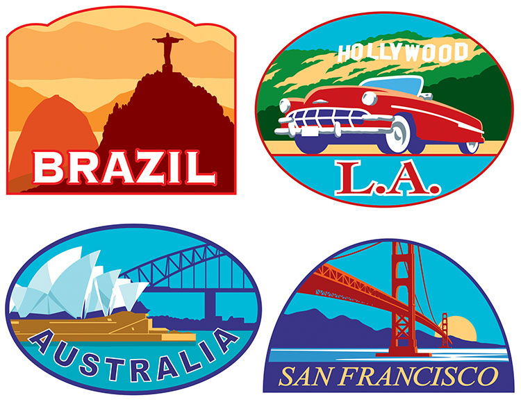 colourful travel stickers showing world scenes