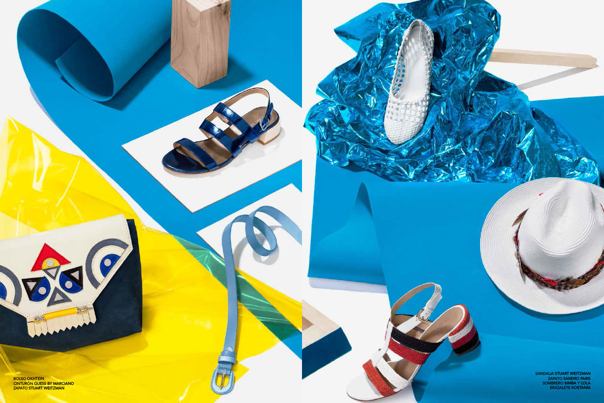 editorial product summer red magenta blue cream accessories