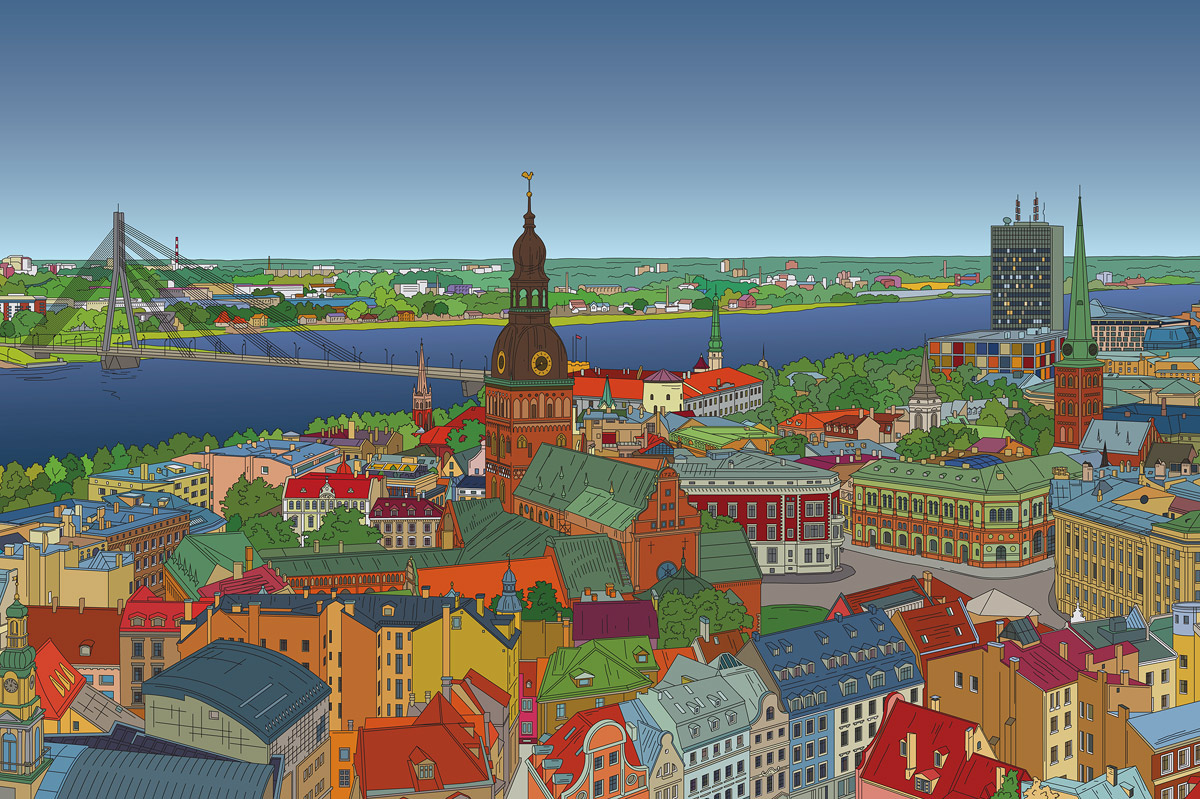 Riga Latvia vector panorama cityscape Drawing  magazine lineart spread art