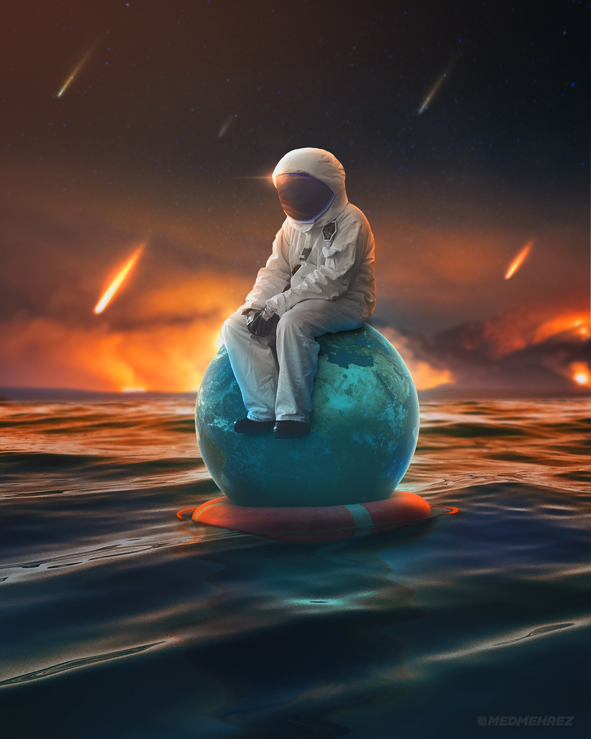 Astronaut sitting on planet earth floating in the ocean in the middle of nowhere, meteors falling 