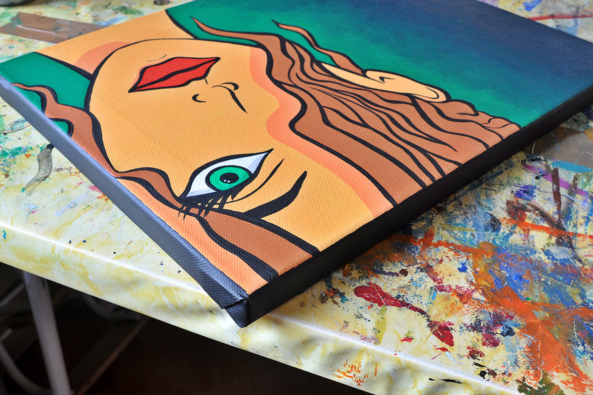 Original art acrylic canvas Colourful  woman face lips eyes Beautiful hair