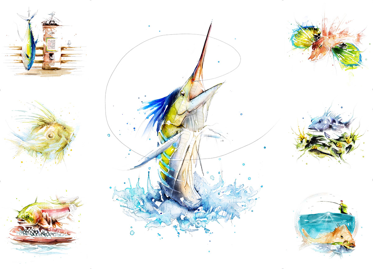 artwork CMYKyles fish art fishing ILLUSTRATION  ink Jeremy Kyle Art jeremy kyle artist splatter watercolor