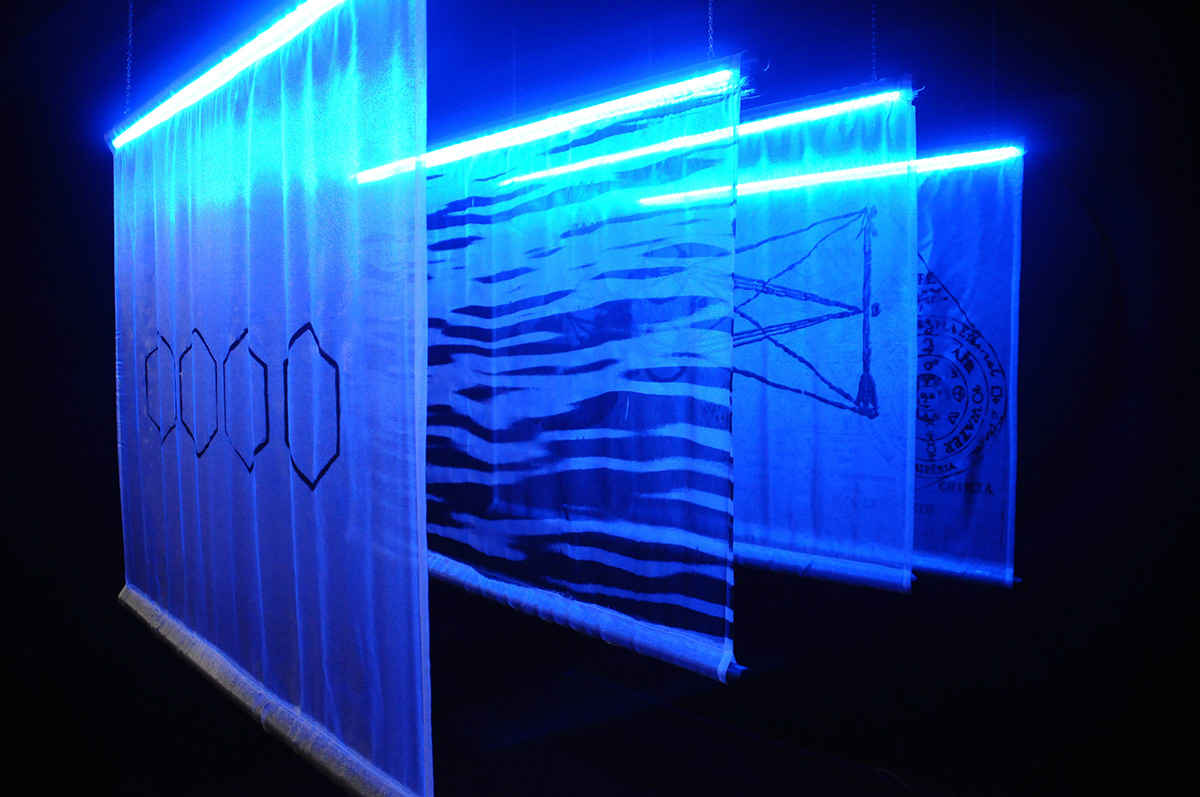 installation mixed media Electronics leds cosmology Metaphysics Arduino sound art fourth dimension Screenprinting Fabric Art immersive Grad Show 2014