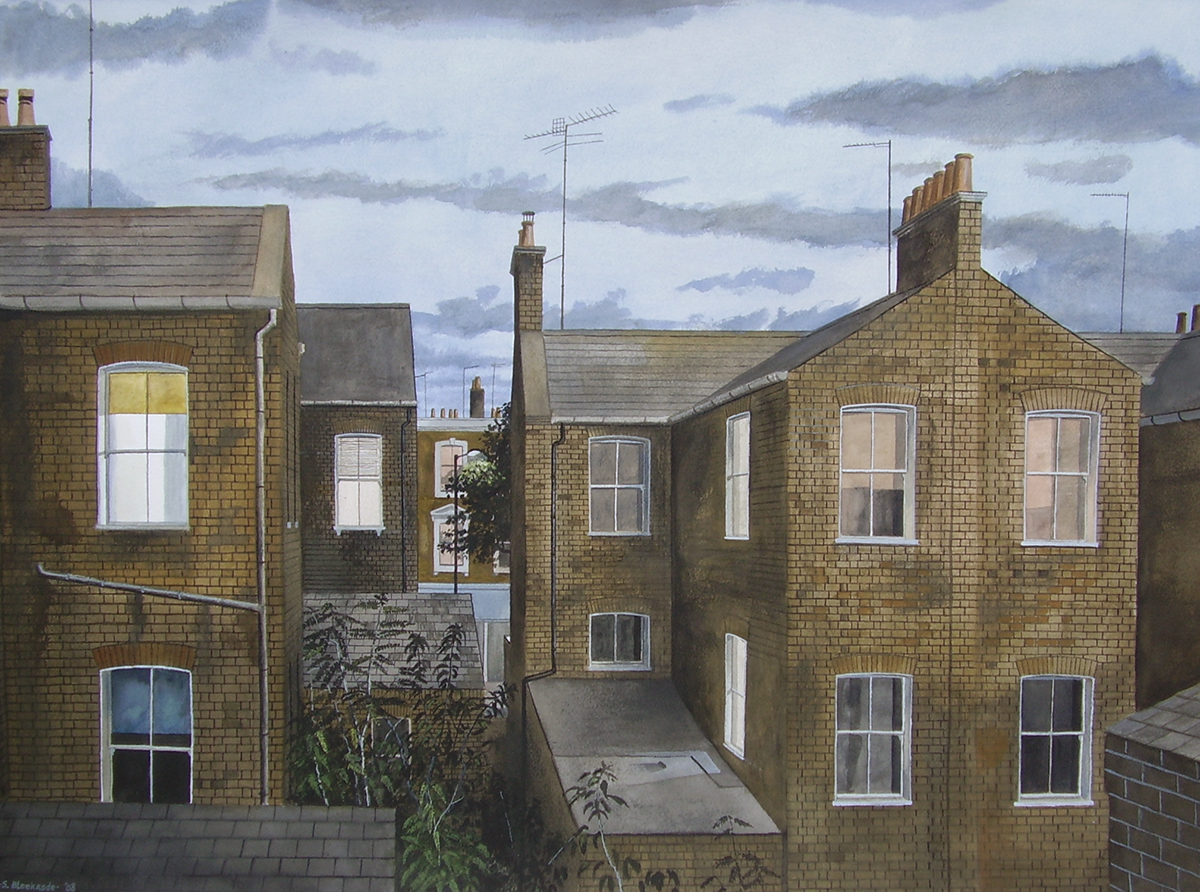 London DAWN MORNING Daybreak houses blue brown grey watercolor Realism