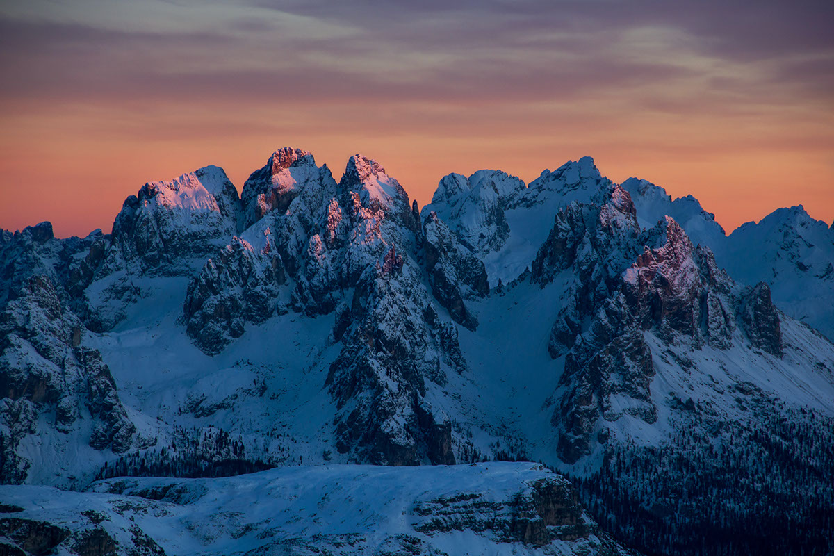 Italy southtyrol Belluno dolomites mountain peaks Sunrise sunset winter autumn light colors