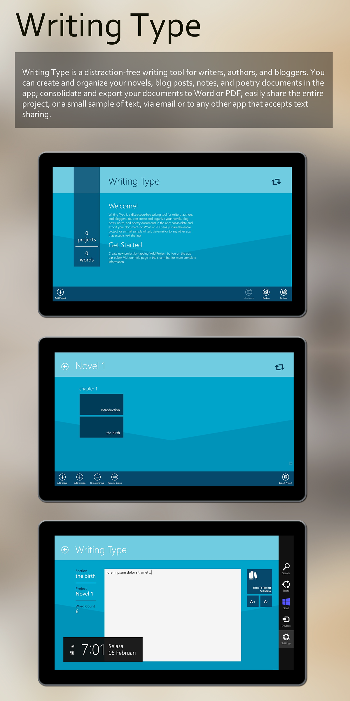 Windows 8 metro writing type simple blue