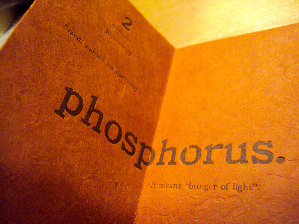 Phosphorus book Book Arts handmade book letterpress lokta orange rust chemical mineral one page book