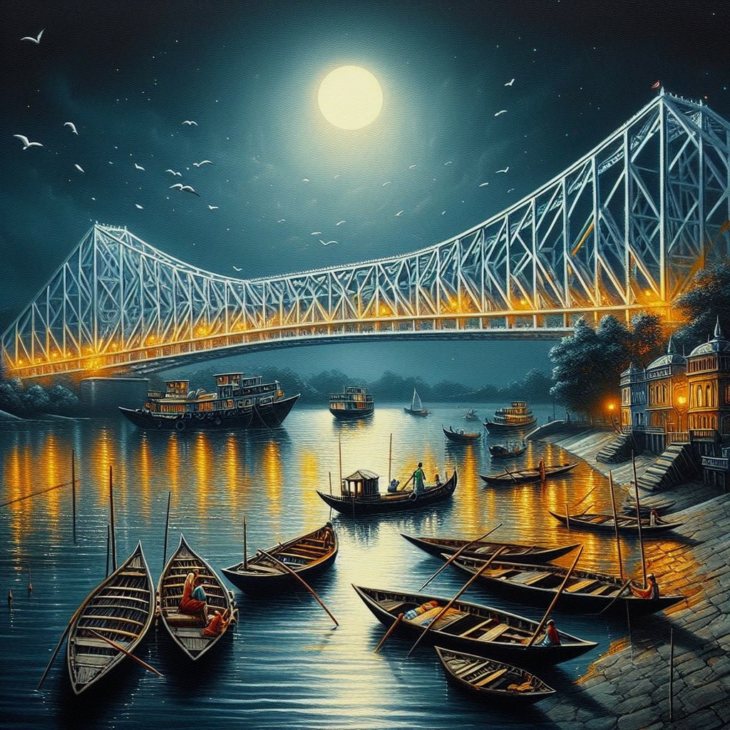 moon howrah bridge Beautiful Boats river illuminated