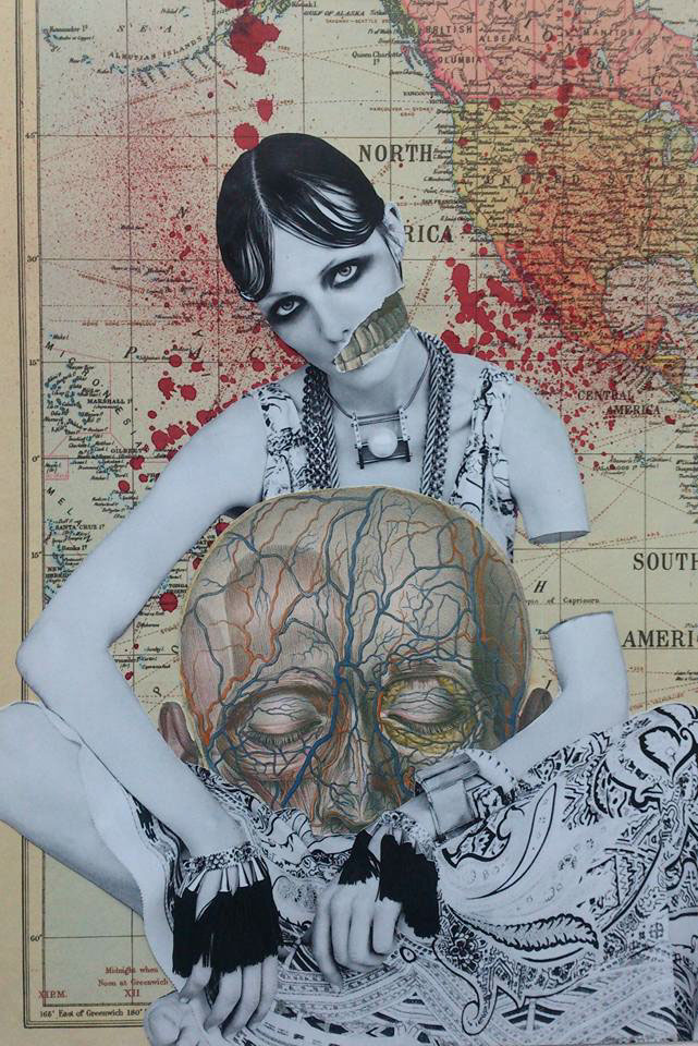 collage handmade mixed media woman map blood anatomy surrealism