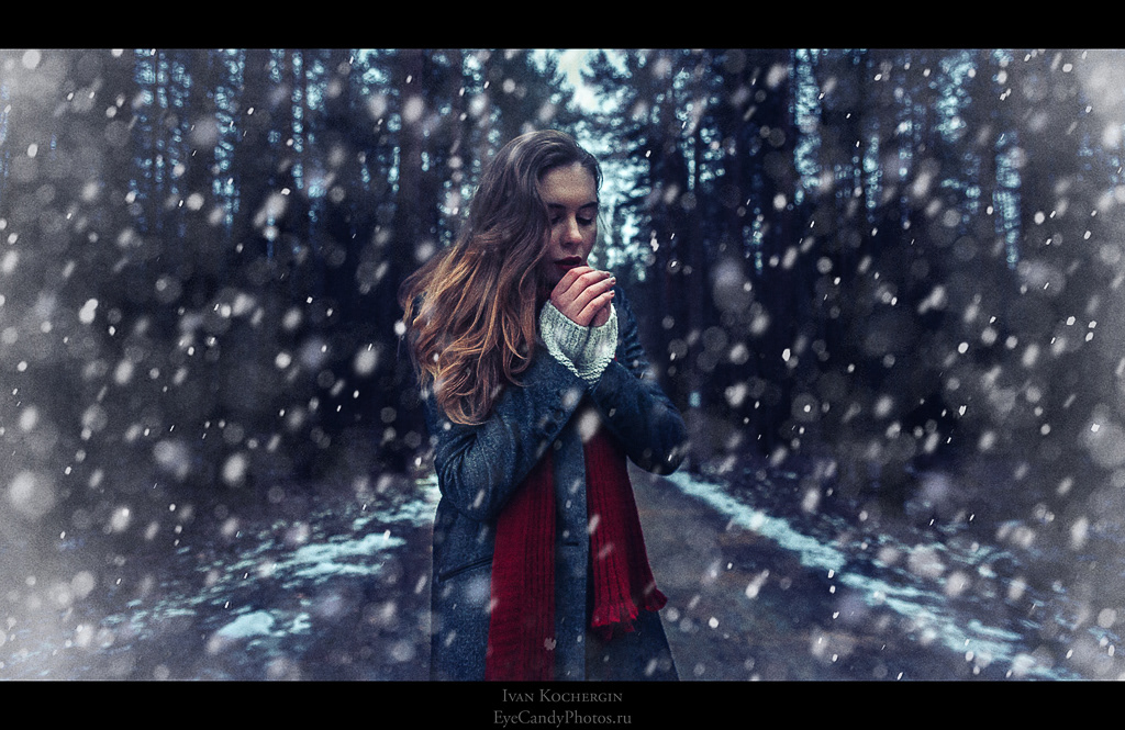 horror movie girl red lips scarf snow winter