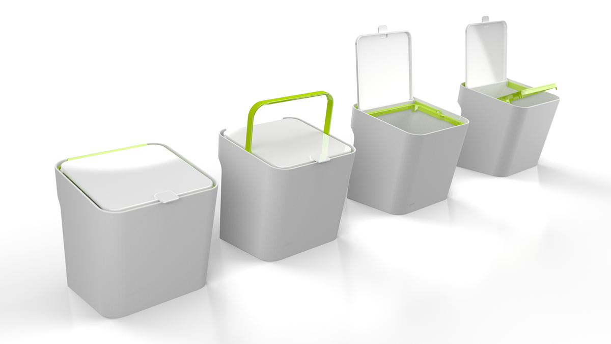 composting container cube White handle modern green accent trash waste
