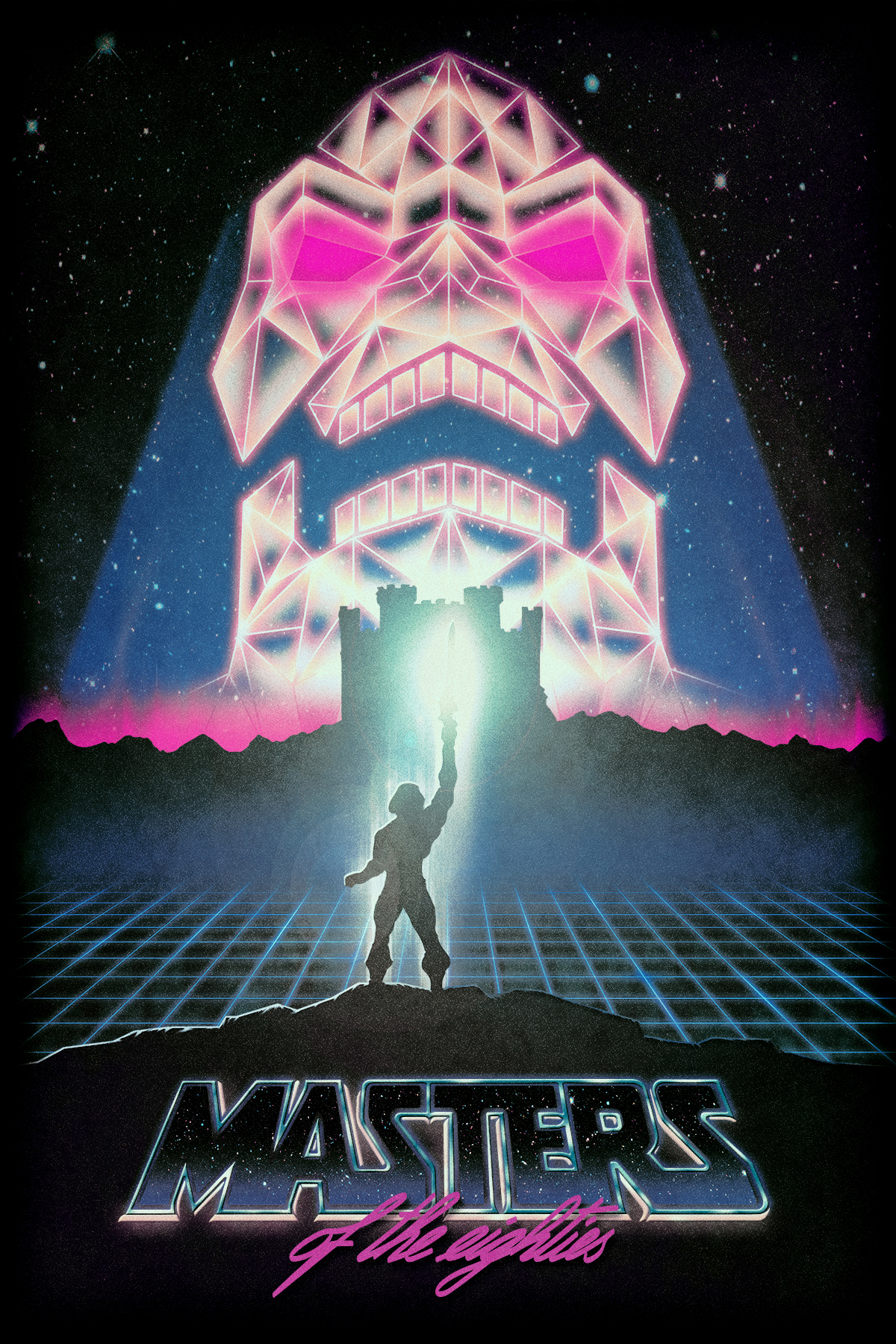 80s Retro futuristic he-man masters of the universe rad neon chrome wireframe landscape skeletor sci-fi eighties