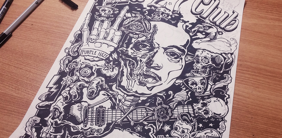 ILLUSTRATION  illust tshirt Drawing  shirts branding  line drawing Jimi Hendrix amy winehouse the 27 club