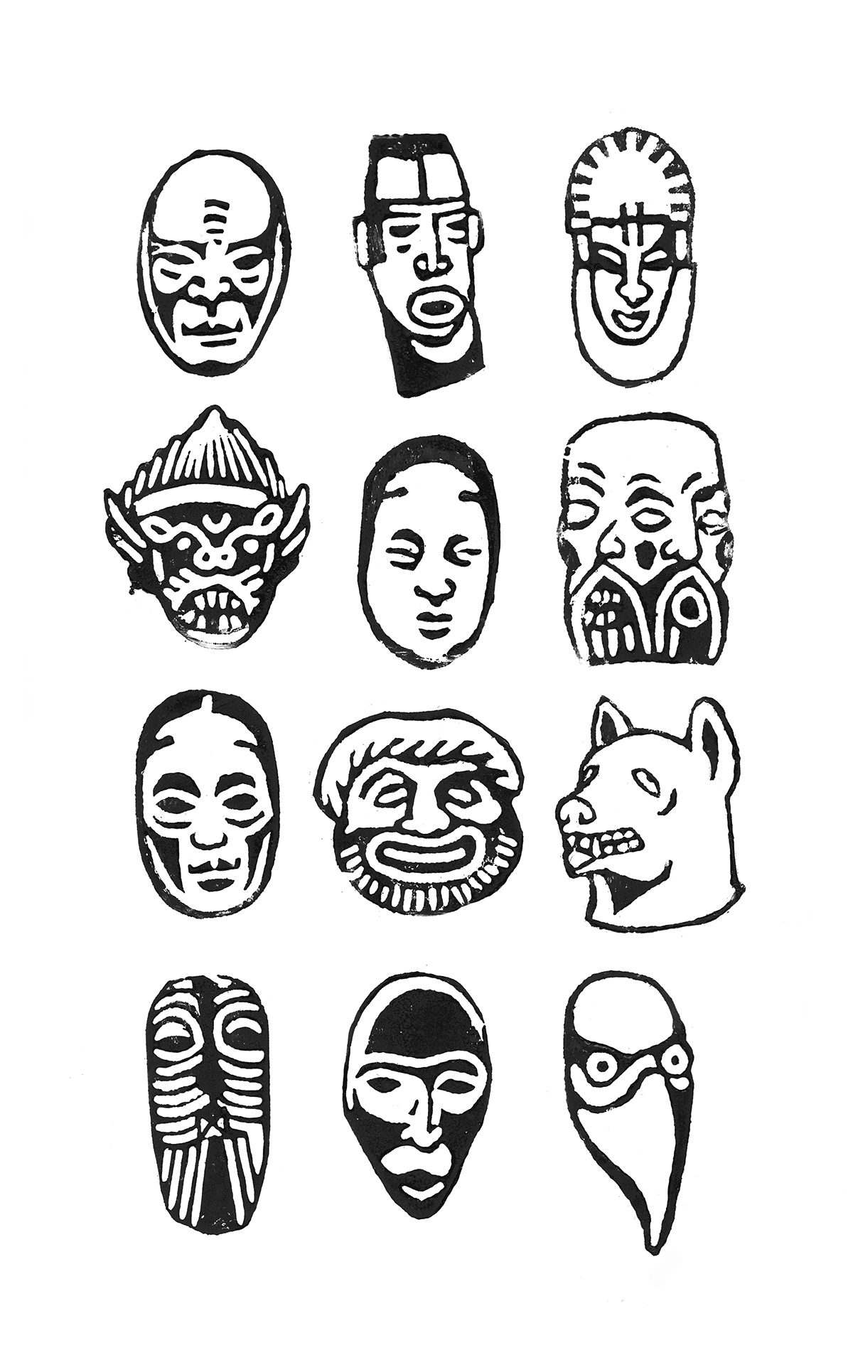 linocut print masks noh