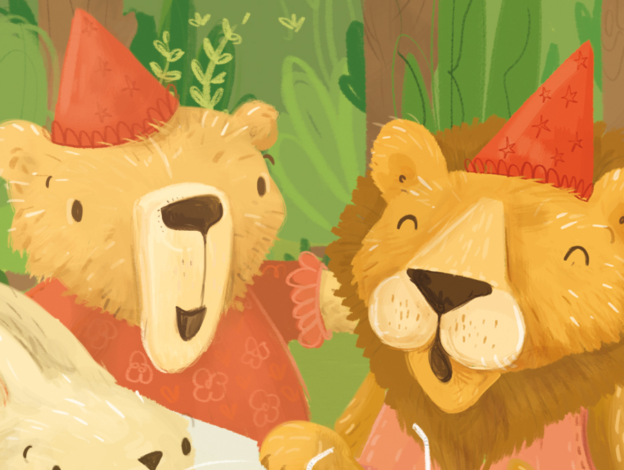 Birthday party cake celebration children's book picturebook story animals lion bear FOX rabbit bird
